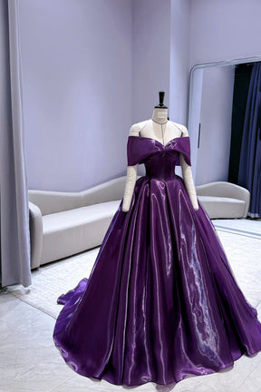 Purple Metallic Off-Shoulder Ball Gown with Corset Bodice