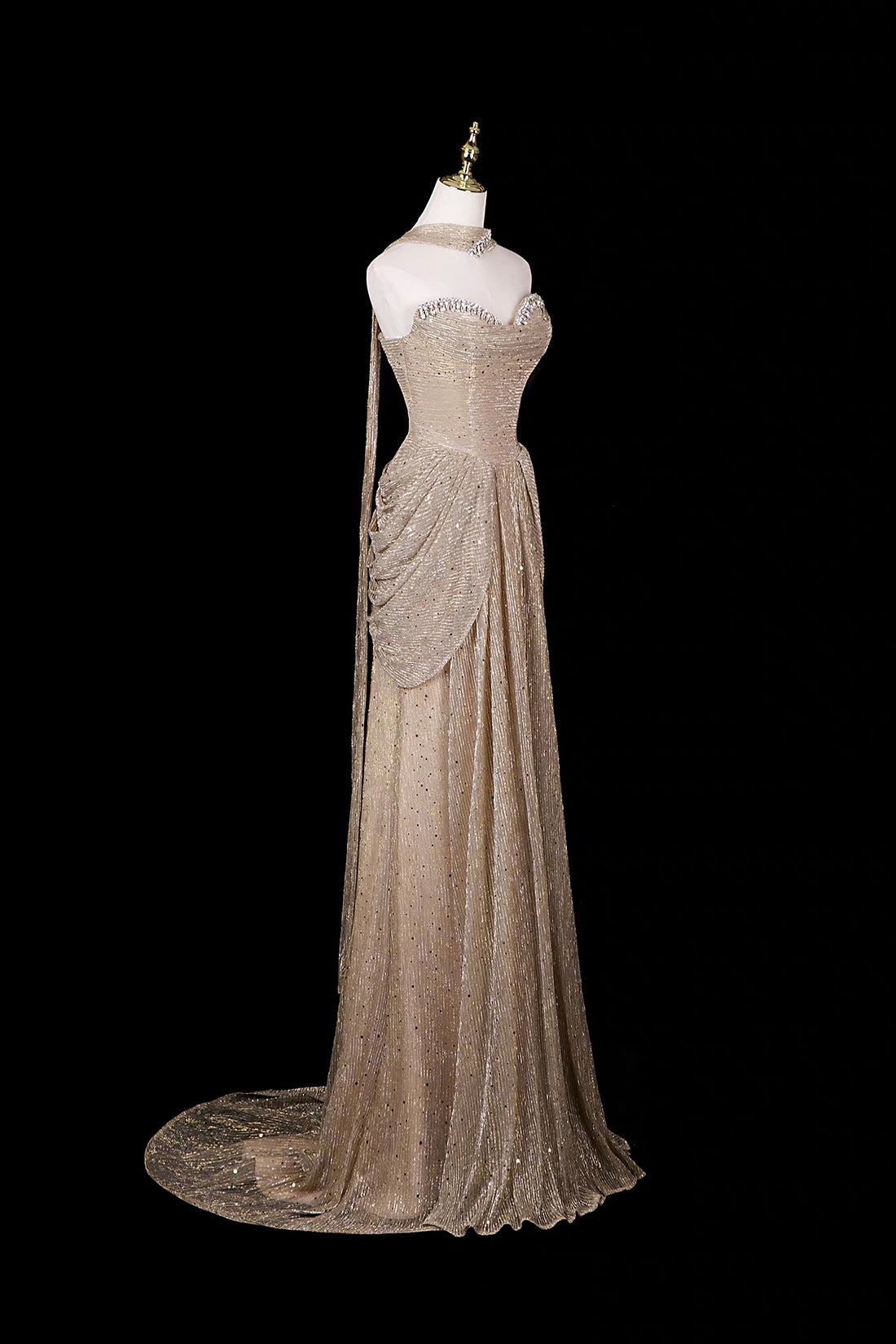 Champagne Gold Off-Shoulder Sequin Gown with Ruffled Shoulders & Layered Tulle Skirt