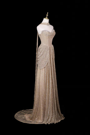 Champagne Gold Off-Shoulder Sequin Gown with Ruffled Shoulders & Layered Tulle Skirt