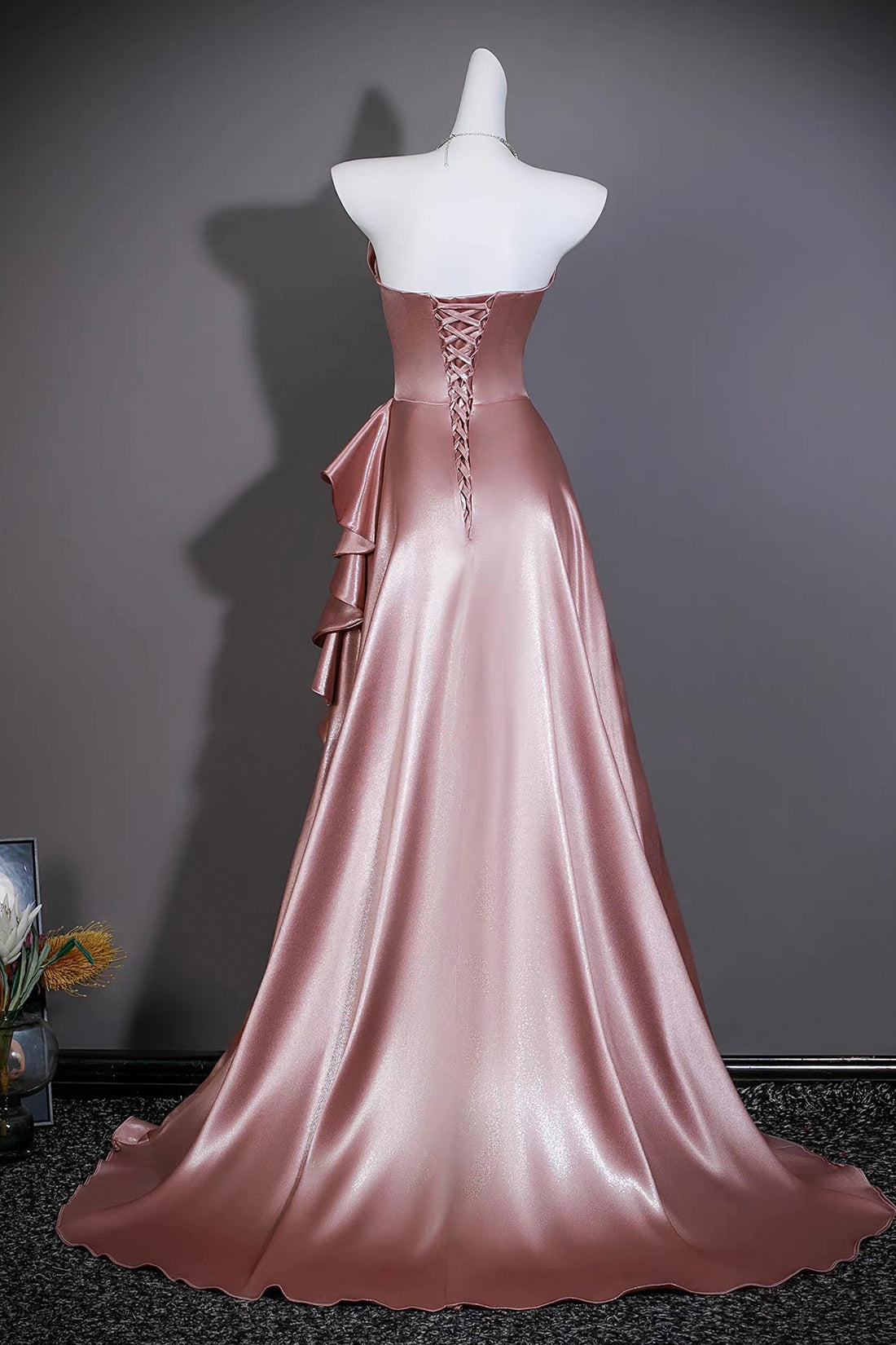 Dusty Pink Satin Strapless Gown with Asymmetric Ruffles