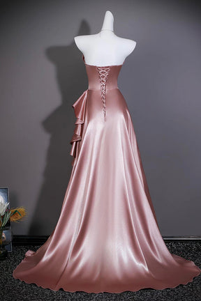 Dusty Pink Satin Strapless Gown with Asymmetric Ruffles