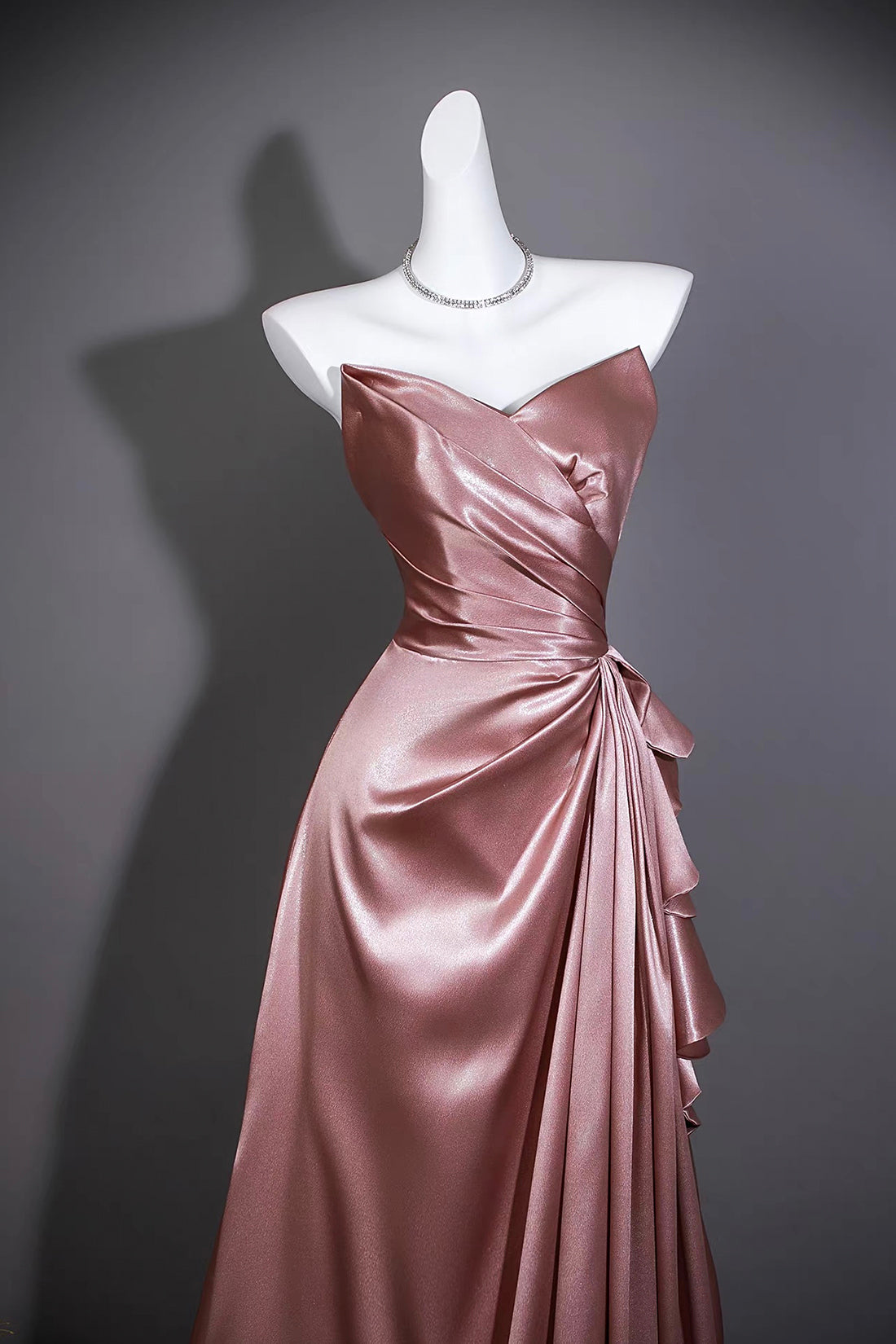 Dusty Pink Satin Strapless Gown with Asymmetric Ruffles