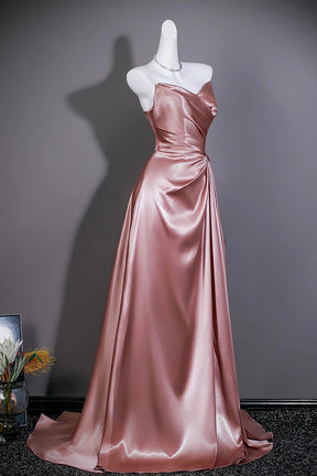 Dusty Pink Satin Strapless Gown with Asymmetric Ruffles