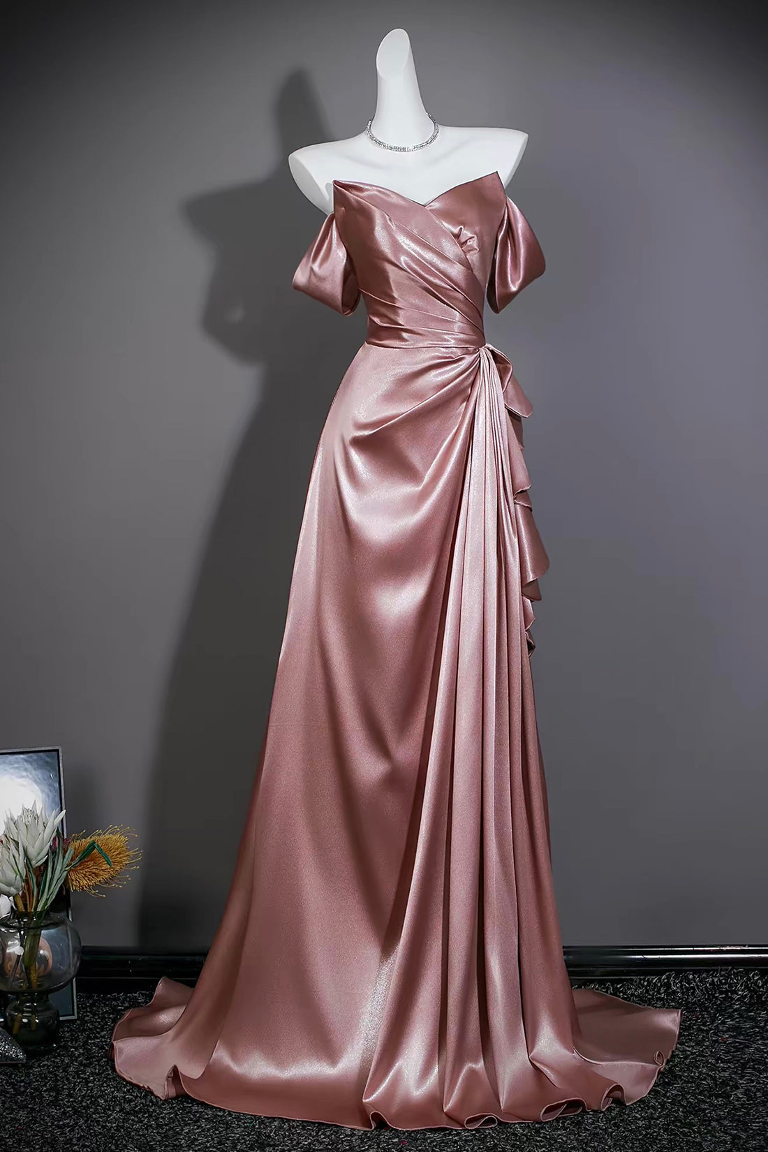 Dusty Pink Satin Strapless Gown with Asymmetric Ruffles