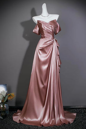 Dusty Pink Satin Strapless Gown with Asymmetric Ruffles