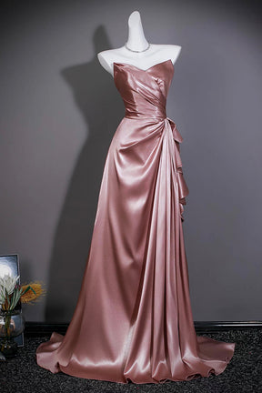 Dusty Pink Satin Strapless Gown with Asymmetric Ruffles