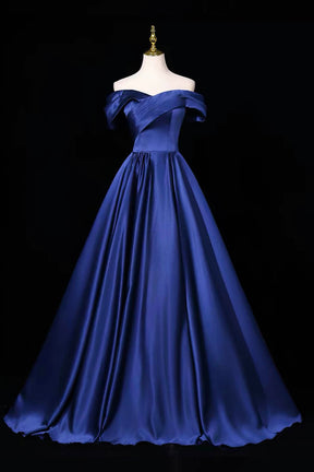 Navy Blue Satin Off-Shoulder Ball Gown – Elegant Cross-Drape Evening Dress with Corset Back, Custom Fit
