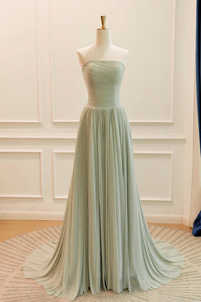 Sage Green Shimmer Strapless Pleated Gown with Ruched Bodice