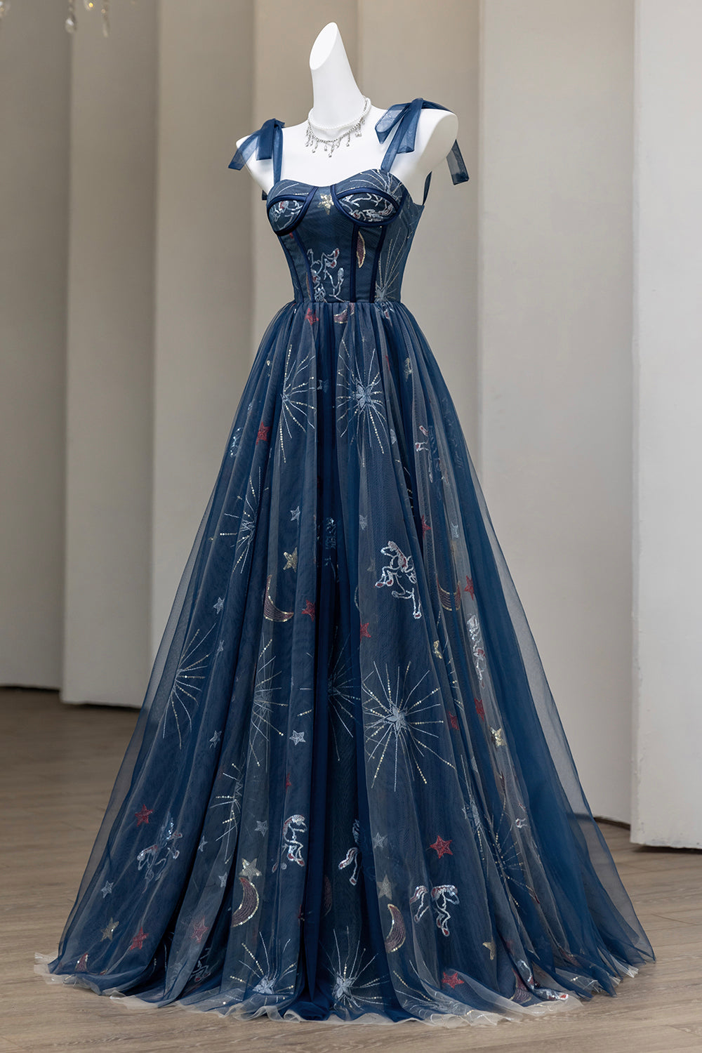 Navy Blue Celestial Embroidered Tulle Prom Dress with Corset Bodice & Bow Straps