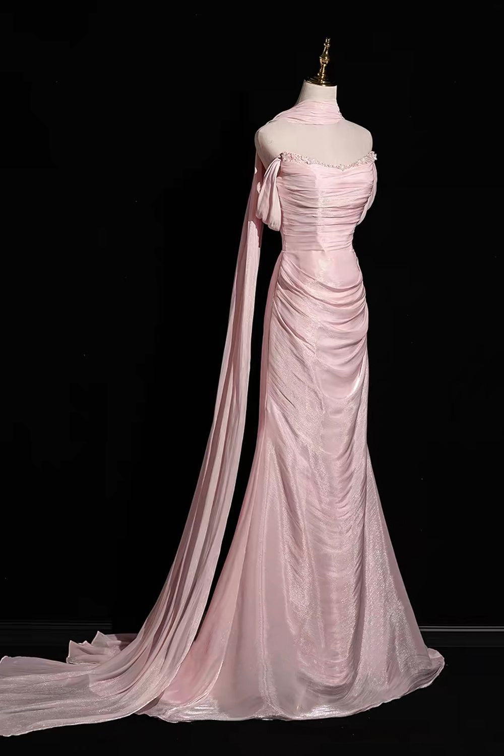 Pink Shimmer Off-Shoulder Evening Gown with Cape