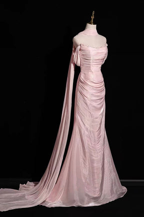 Pink Shimmer Off-Shoulder Evening Gown with Cape