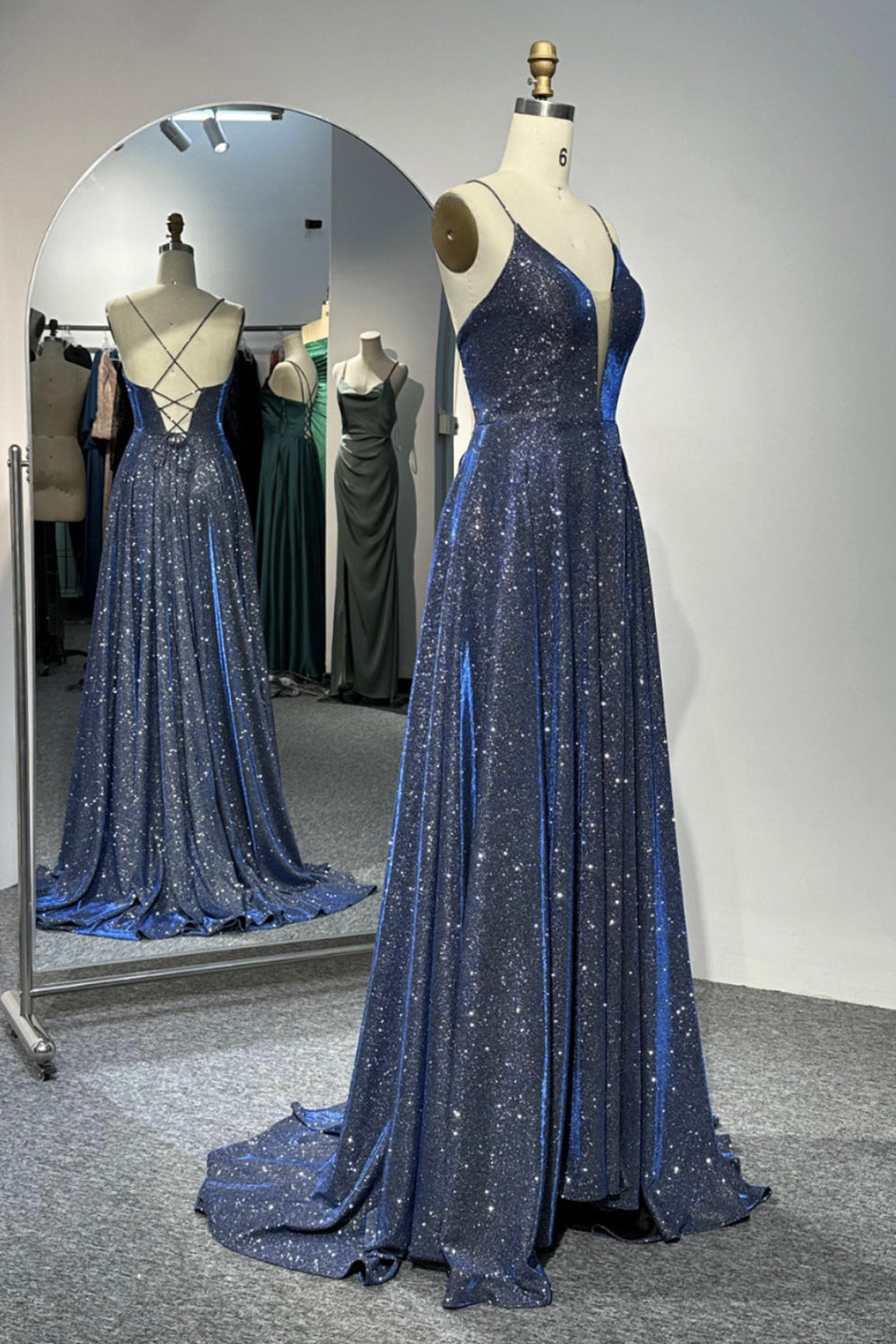 Navy Blue Sparkle V-Neck Long Evening Gown with Lace-Up Back