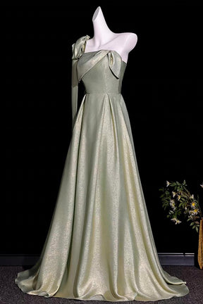 Sage Green Metallic One-Shoulder Gown with Sculptural Bow & Trailing Ribbon
