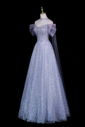 Grey Blue Sequin Off-Shoulder Ball Gown with Dramatic Cape