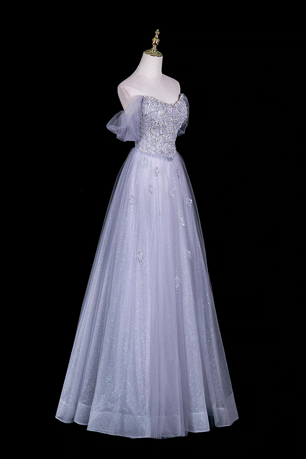 Grey Sequin Off-Shoulder Ball Gown with Crystal Beaded Bodice – Sparkling A-Line, Custom Fit