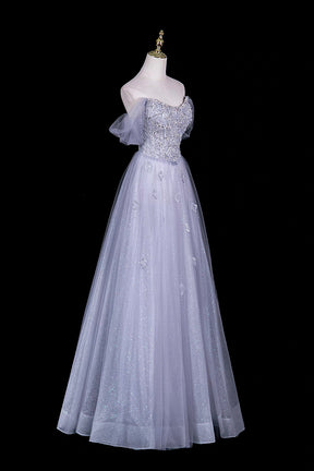 Grey Sequin Off-Shoulder Ball Gown with Crystal Beaded Bodice – Sparkling A-Line, Custom Fit