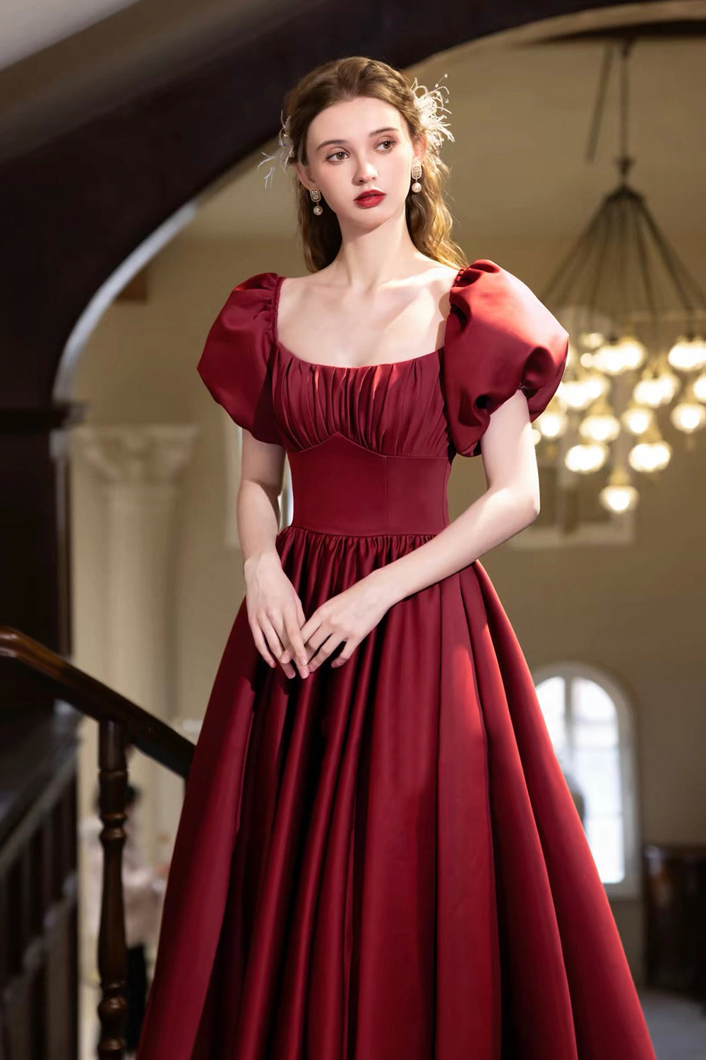 Burgundy Satin Square Neck Ball Gown with Puff Sleeves & Corset Back