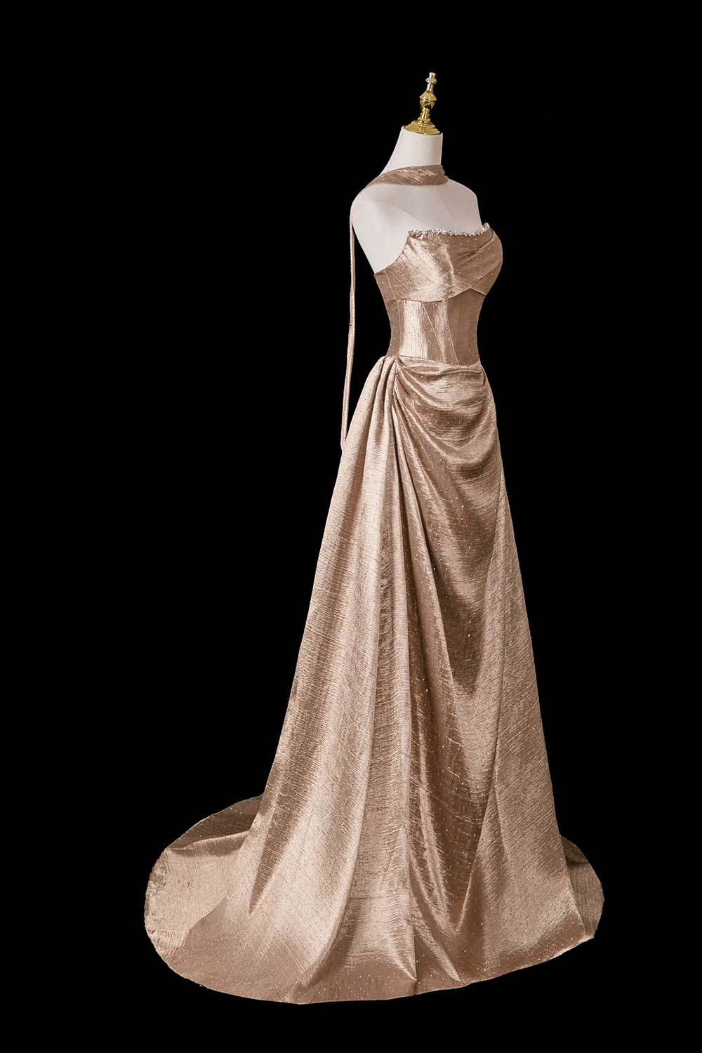 Champagne Gold Metallic Strapless Gown with Neck Ribbon – Shimmering Evening Dress