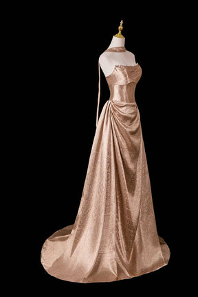 Champagne Gold Metallic Strapless Gown with Neck Ribbon – Shimmering Evening Dress