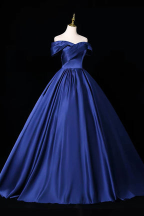 Navy Blue Satin Off-Shoulder Ball Gown – Elegant Cross-Drape Evening Dress with Corset Back, Custom Fit