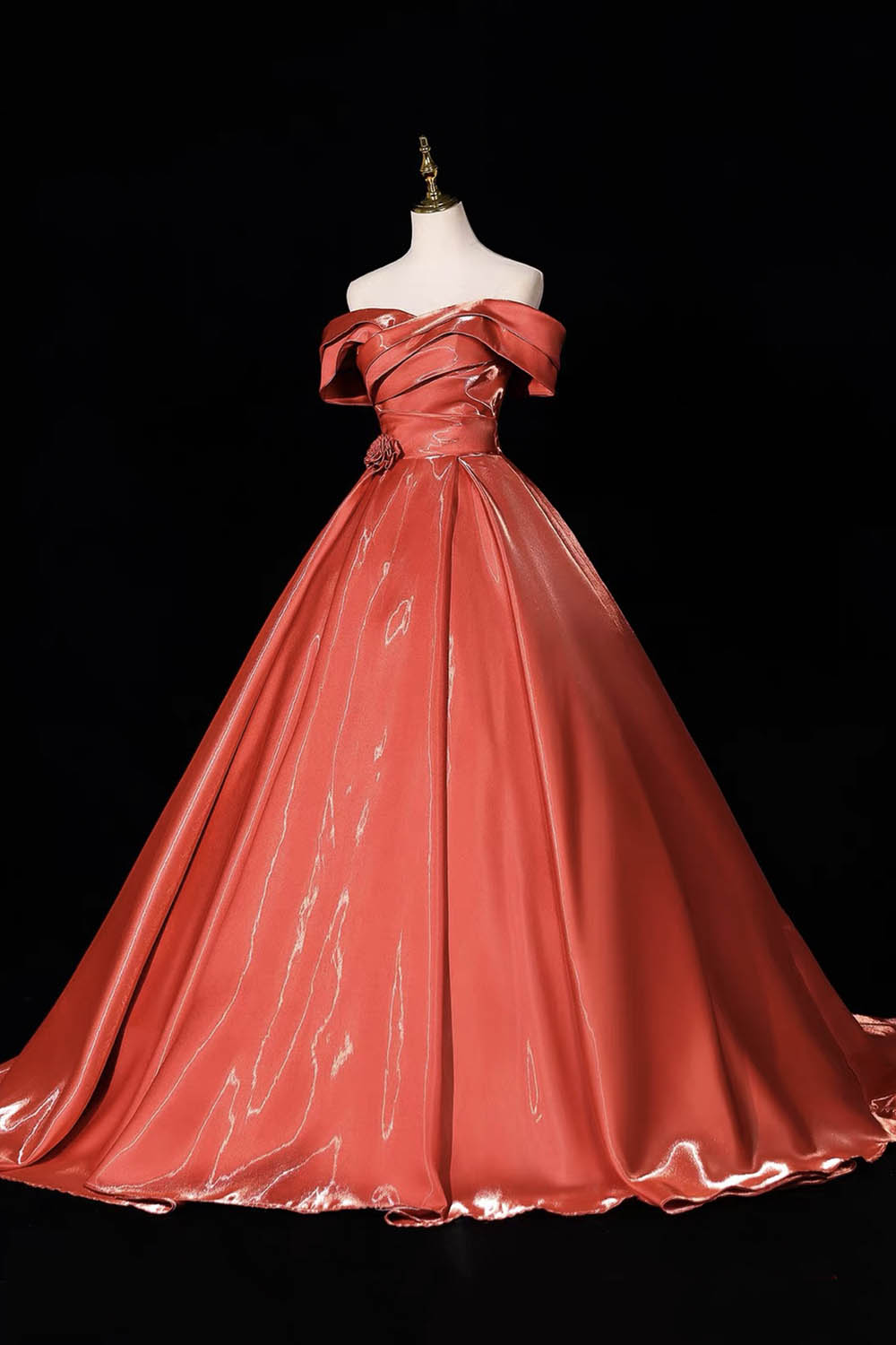 Orange Satin Off-Shoulder Ball Gown with Ruched Bodice – Shiny Formal Dress