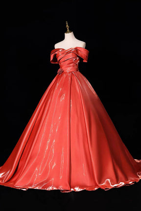 Orange Satin Off-Shoulder Ball Gown with Ruched Bodice – Shiny Formal Dress