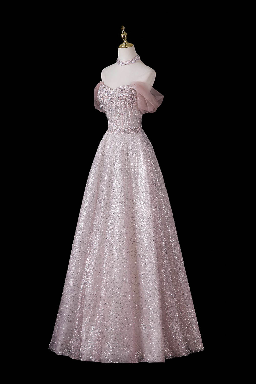 Pink Sequin Off-Shoulder Ball Gown – Beaded Floral Bodice with Detachable Tulle Sleeves, Custom Fit