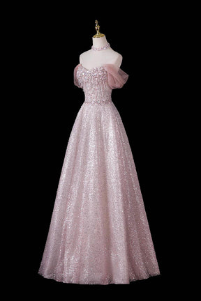 Pink Sequin Off-Shoulder Ball Gown – Beaded Floral Bodice with Detachable Tulle Sleeves, Custom Fit