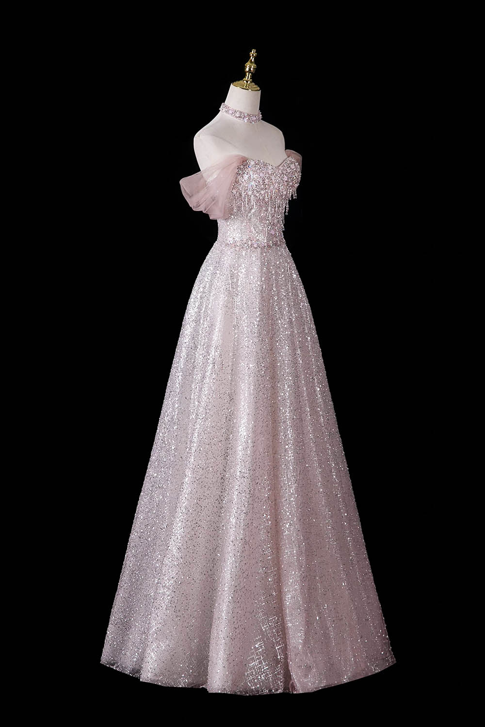 Pink Sequin Off-Shoulder Ball Gown – Beaded Floral Bodice with Detachable Tulle Sleeves, Custom Fit