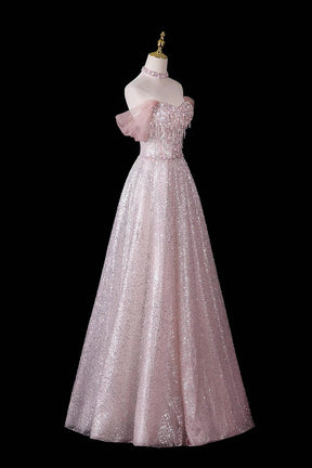 Pink Sequin Off-Shoulder Ball Gown – Beaded Floral Bodice with Detachable Tulle Sleeves, Custom Fit