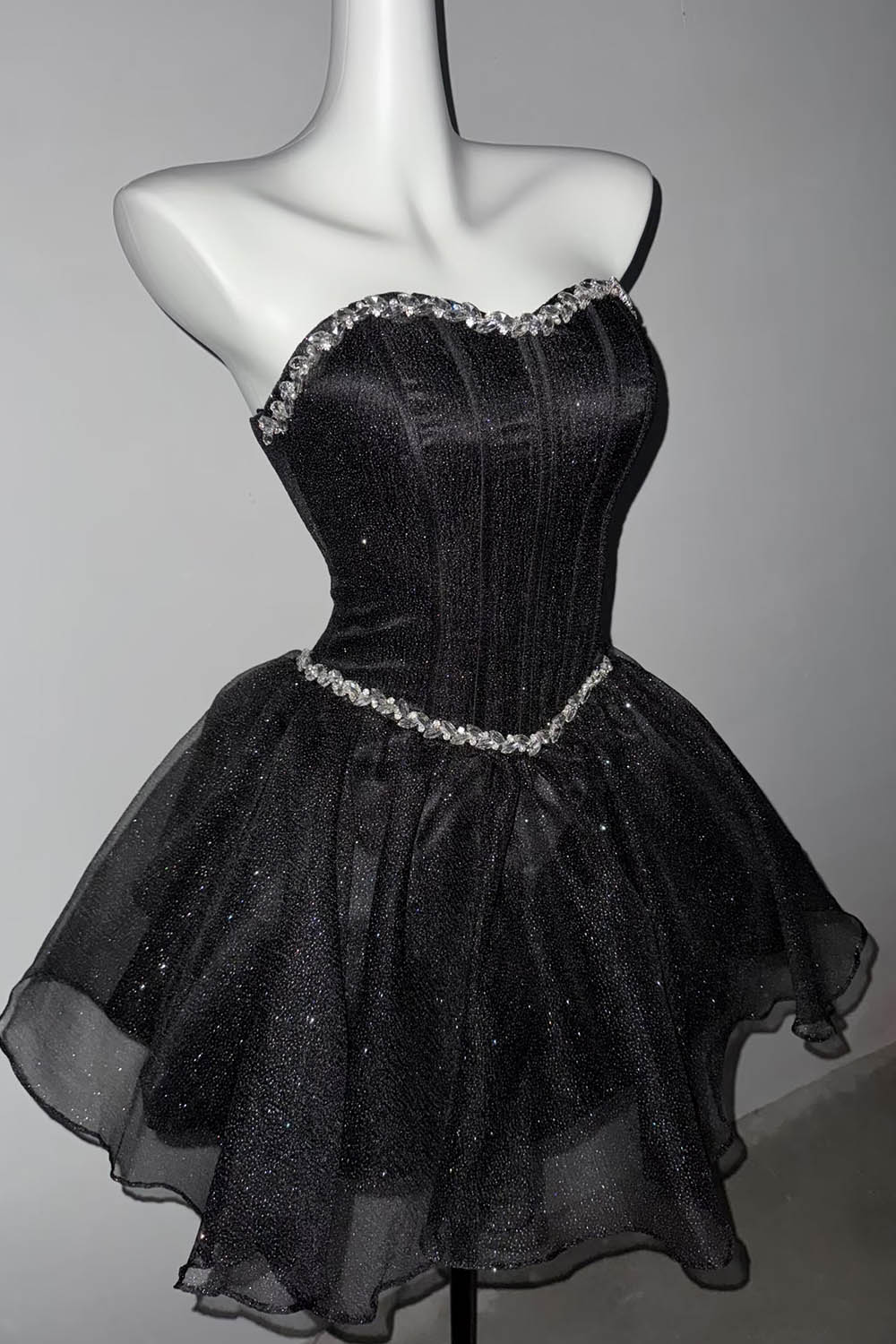 Black Sparkle Tulle Strapless Mini Dress – Crystal Sweetheart NecklineB, Custom Fit