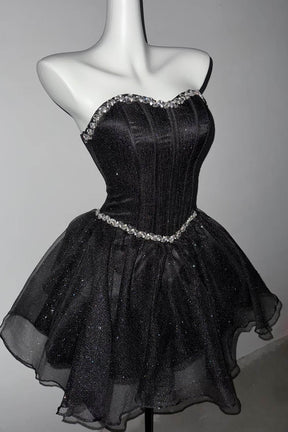 Black Sparkle Tulle Strapless Mini Dress – Crystal Sweetheart NecklineB, Custom Fit