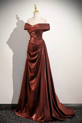 Metallic Burgundy Off-Shoulder Evening Gown with Ruched Skirt