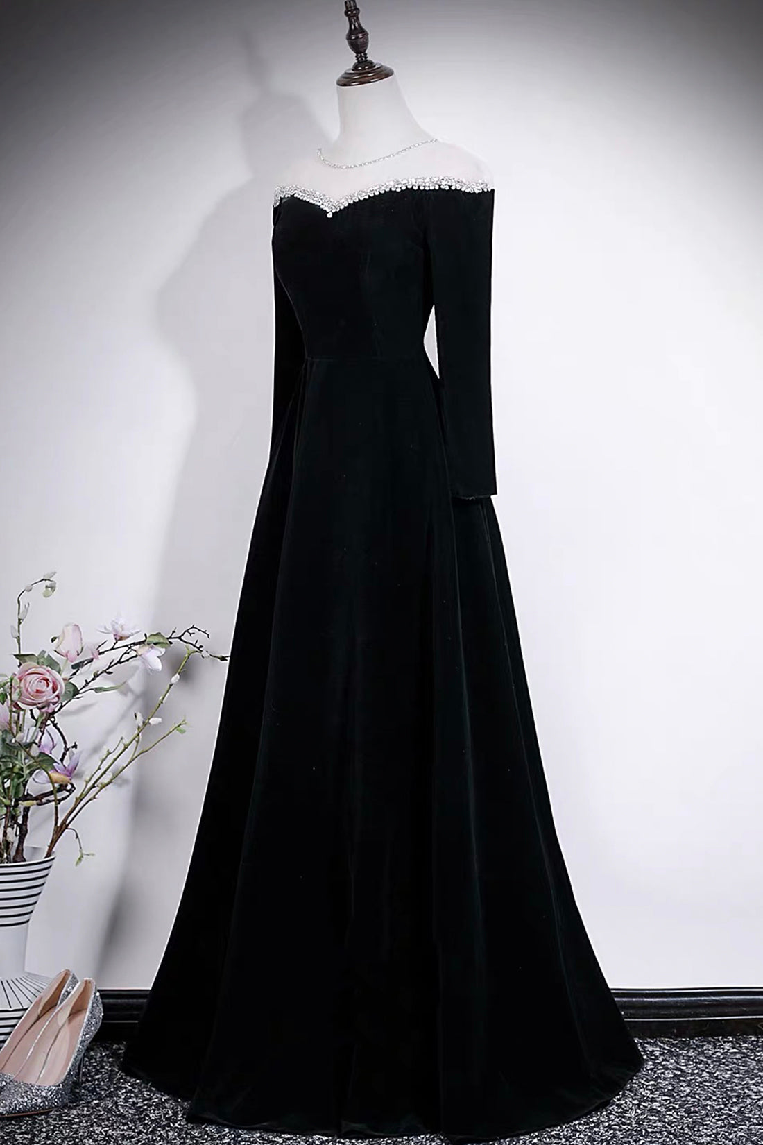 Black Velvet Off-Shoulder Long Sleeve Evening Gown with Crystal Trim