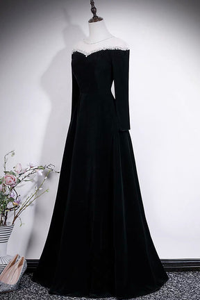 Black Velvet Off-Shoulder Long Sleeve Evening Gown with Crystal Trim