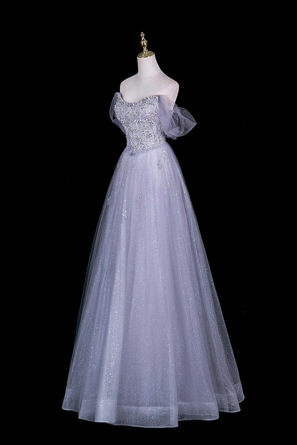 Grey Sequin Off-Shoulder Ball Gown with Crystal Beaded Bodice – Sparkling A-Line, Custom Fit