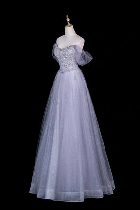 Grey Sequin Off-Shoulder Ball Gown with Crystal Beaded Bodice – Sparkling A-Line, Custom Fit