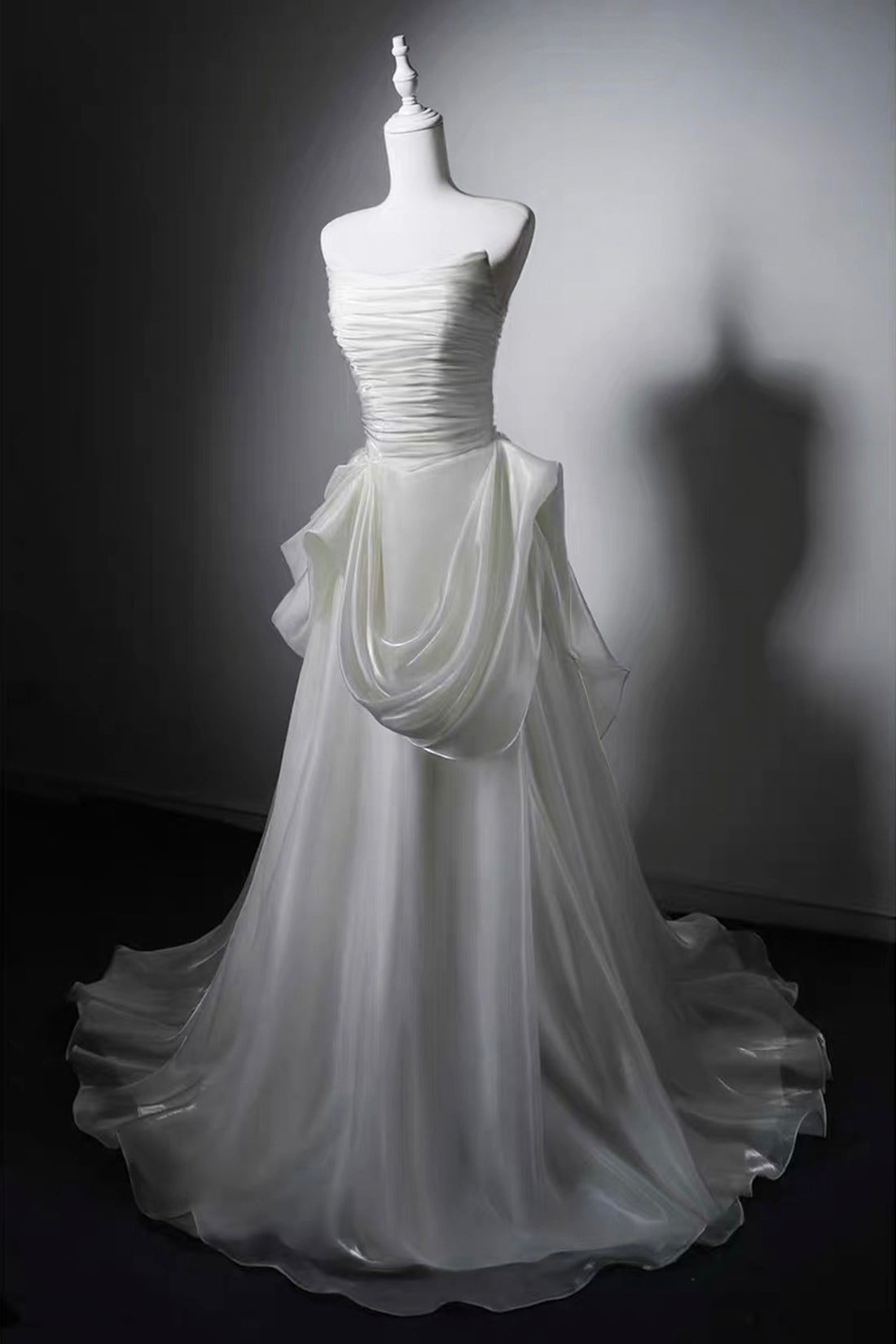 Ivory Strapless Ruched Satin A-Line Wedding Gown with Asymmetrical Draped Skirt
