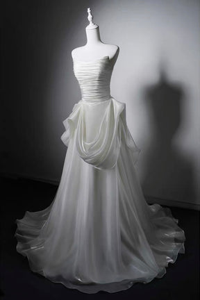 Ivory Strapless Ruched Satin A-Line Wedding Gown with Asymmetrical Draped Skirt