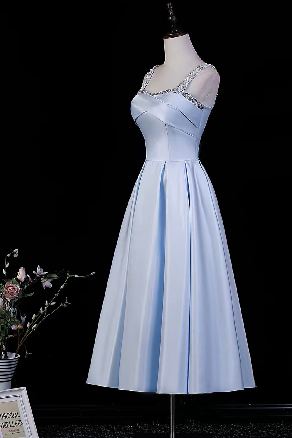 Light Blue Satin A-Line Midi Dress with Crystal & Pearl Embellished Square Neck