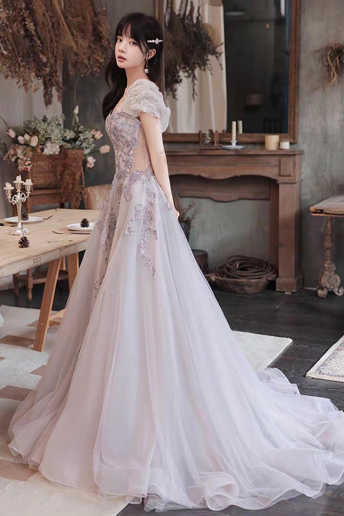 Lilac Grey Square Neck Bubble Sleeve Tulle Gown with Sequin Embroidery