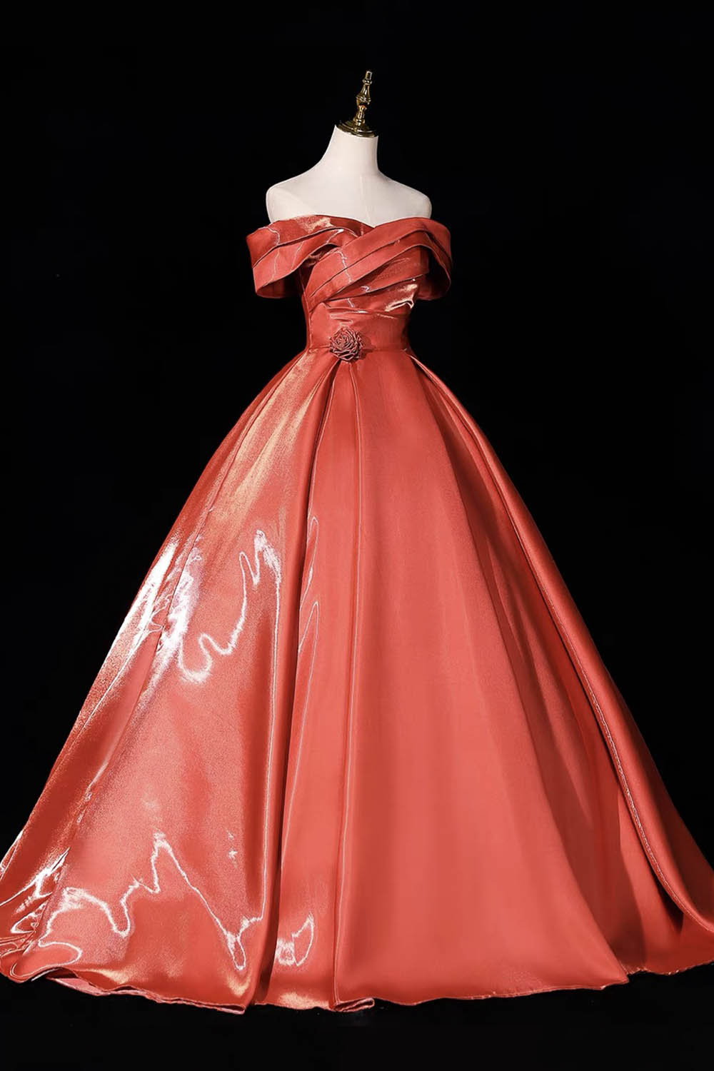Orange Satin Off-Shoulder Ball Gown with Ruched Bodice – Shiny Formal Dress