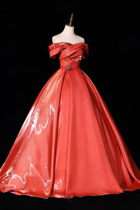 Orange Satin Off-Shoulder Ball Gown with Ruched Bodice – Shiny Formal Dress
