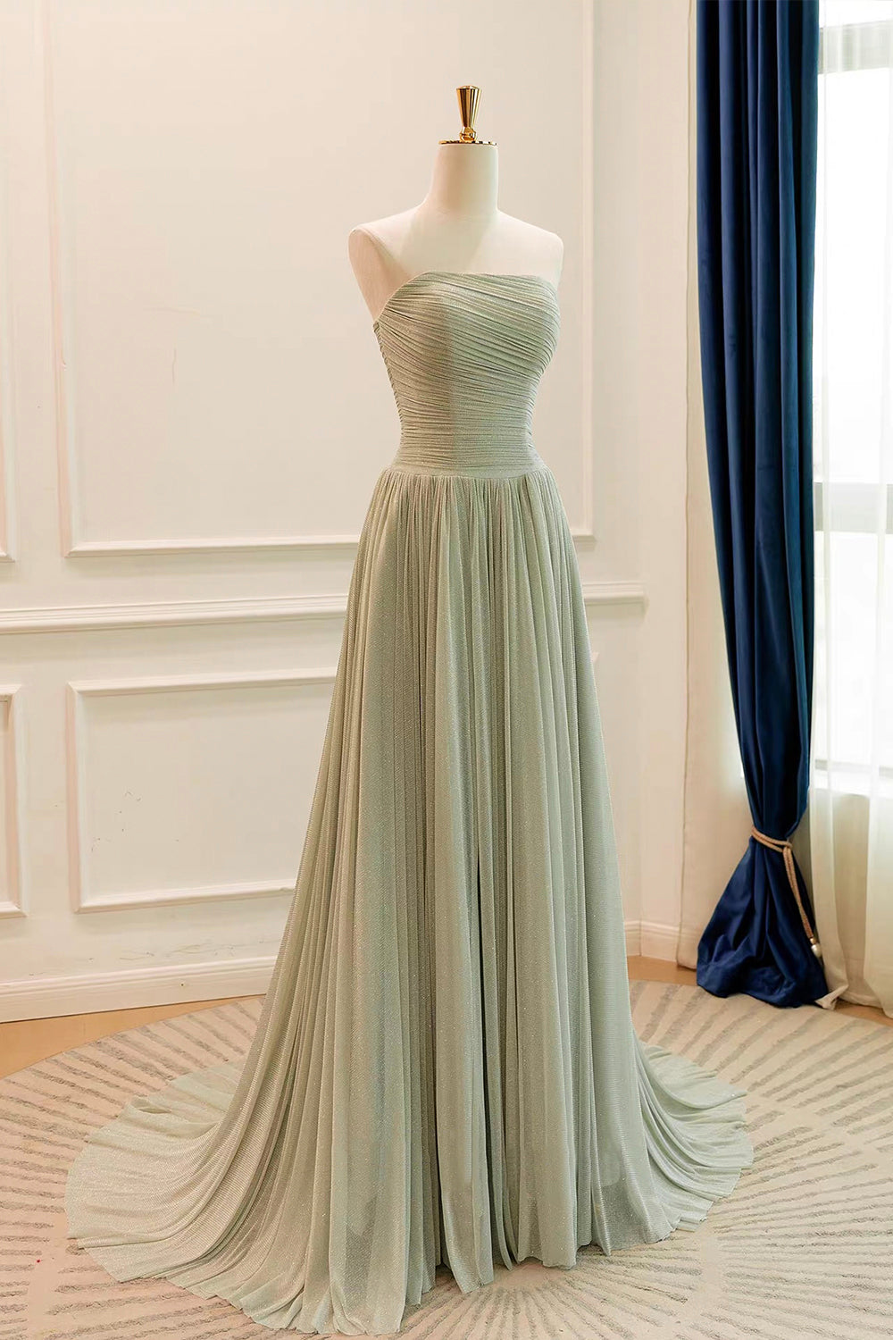 Sage Green Shimmer Strapless Pleated Gown with Ruched Bodice