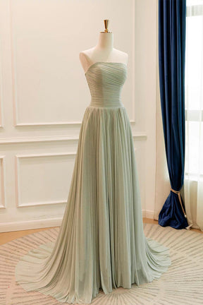 Sage Green Shimmer Strapless Pleated Gown with Ruched Bodice