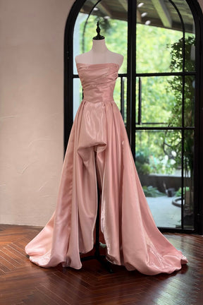Pink Satin Off-Shoulder A-Line Evening Gown with Pearl Ruching
