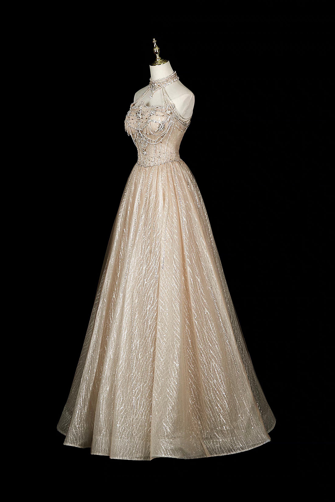 Champagne Halter Sequin Gown with Beaded Bodice & Layered Tulle Skirt