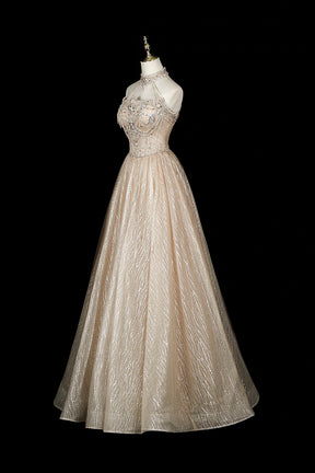 Champagne Halter Sequin Gown with Beaded Bodice & Layered Tulle Skirt