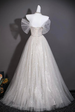 Silver Beaded Off-Shoulder Ball Gown with Corset Bodice