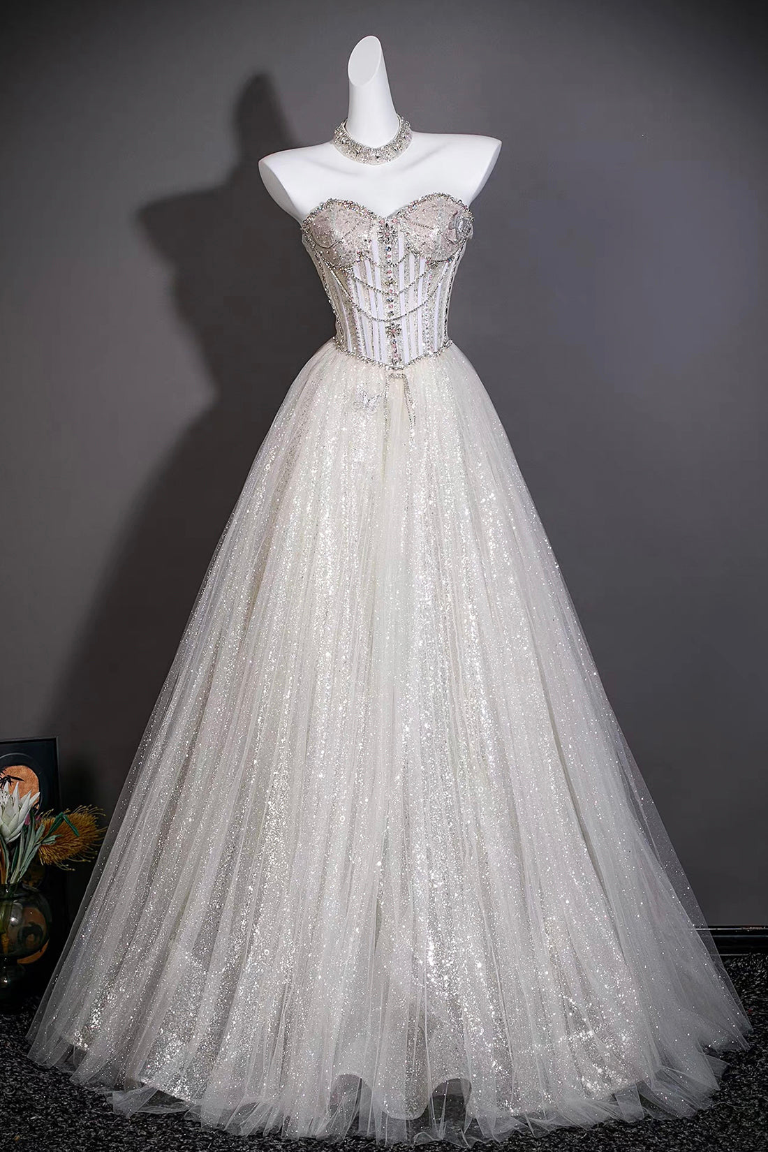 Silver Beaded Off-Shoulder Ball Gown with Corset Bodice